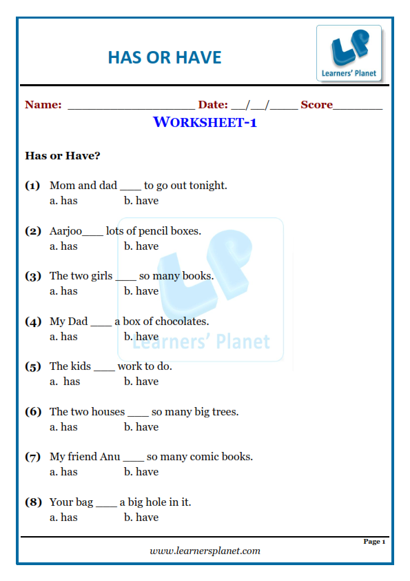 Has or have-English worksheet for grade 1